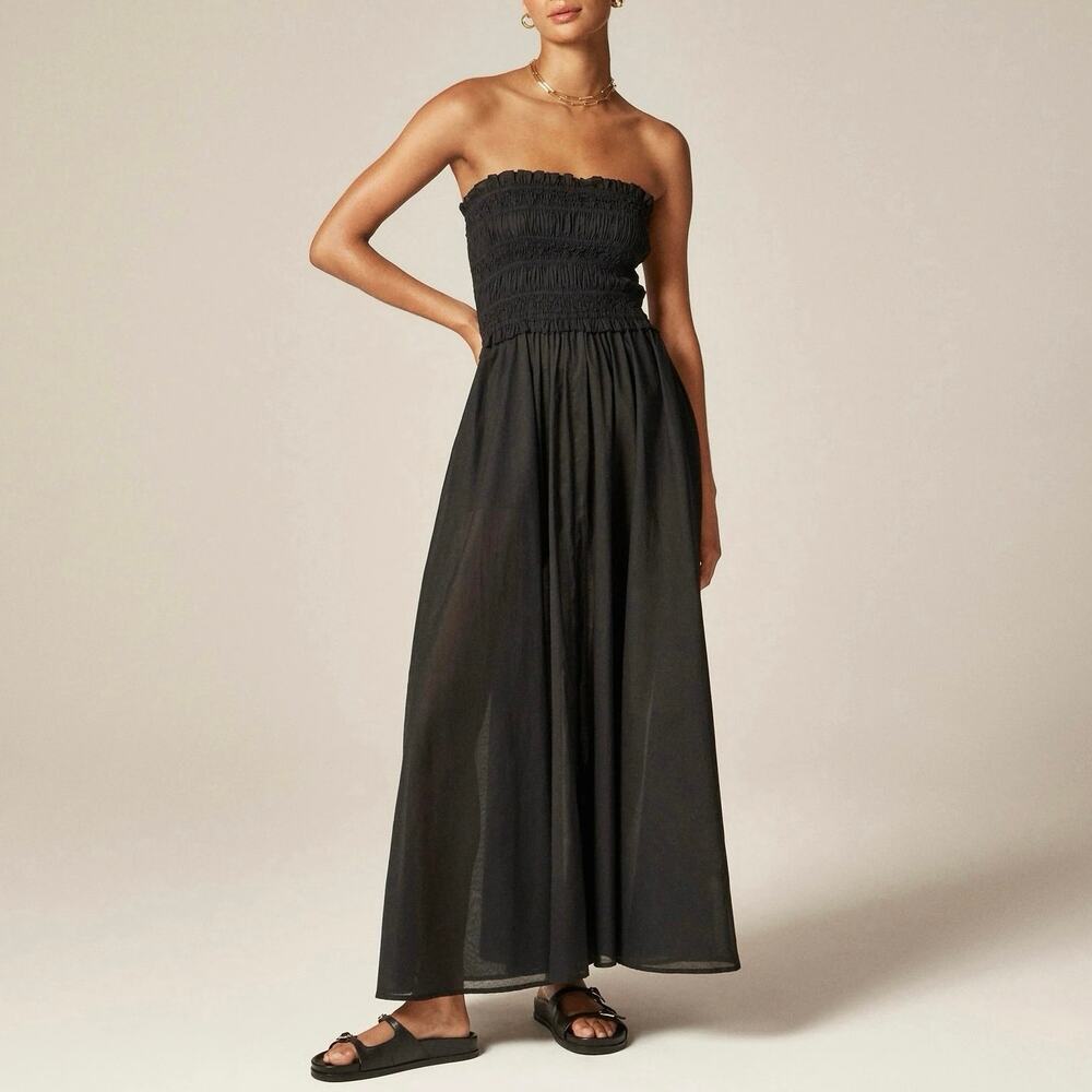 NWT J.Crew Smocked Maxi Dress In 100% Cotton Voile Black Size Medium